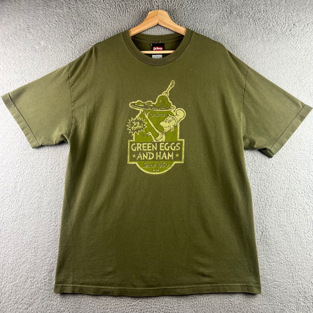 Dr Seuss Green Eggs and Ham Graphic T-Shirt Mens XL Olive Green Sam-I-Am Tee